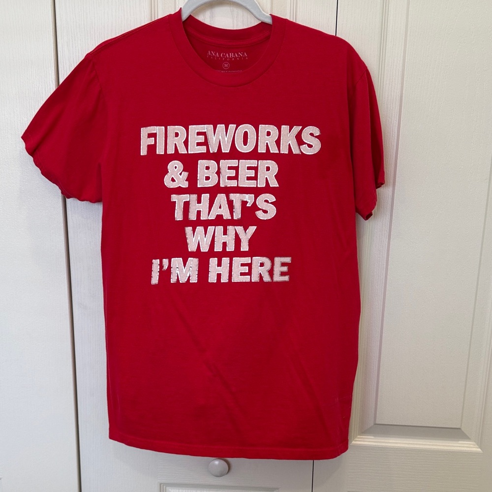 Red Graphic Tee with 'Fireworks & Beer' Slogan